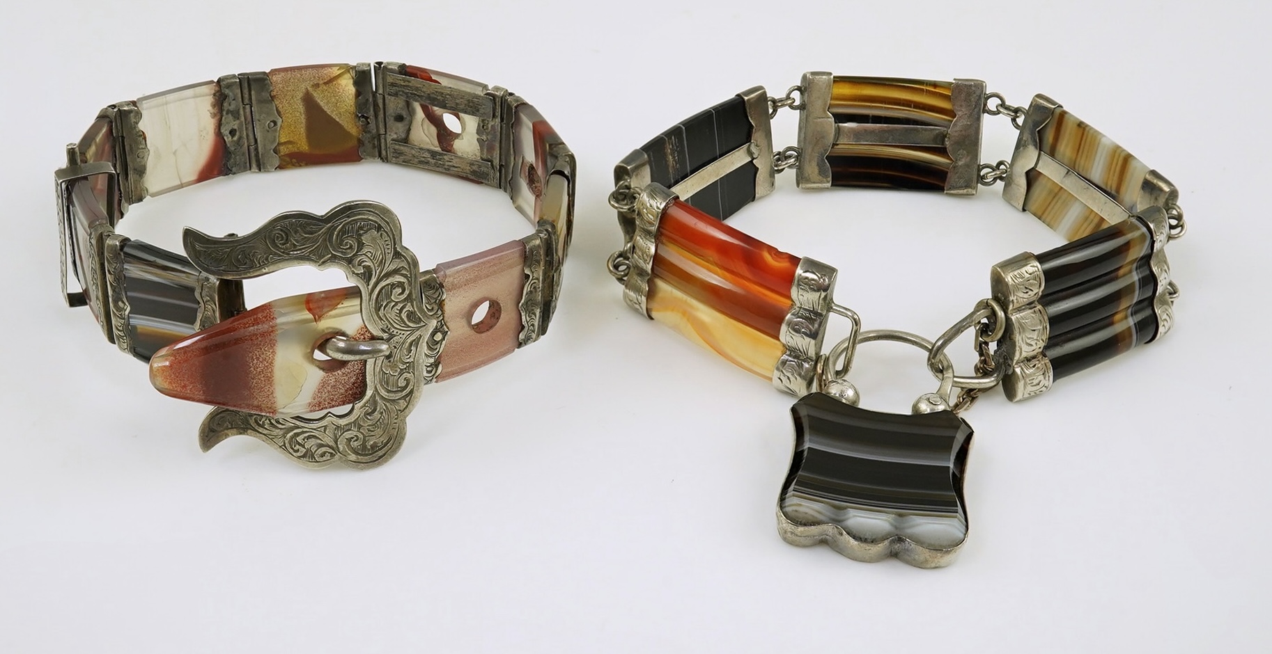 Two late 19th century Scottish silver and agate set bracelets